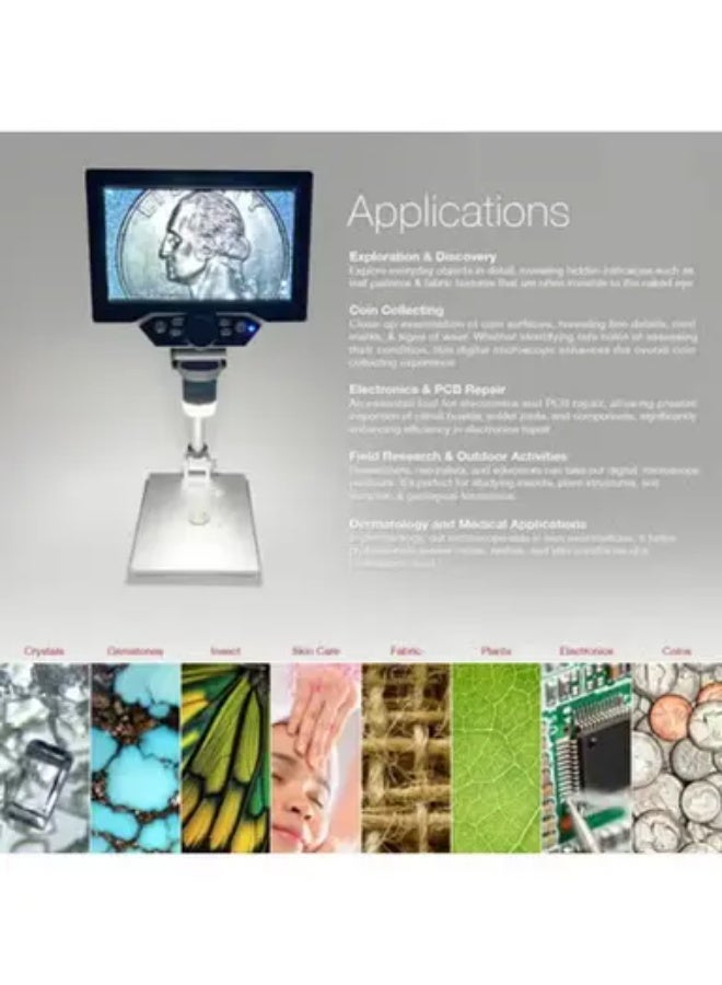 مجهر رقمي LED بقوة تكبير من 1 إلى 1200x، شاشة LCD عالية الدقة 7 بوصة، كاميرا 12 ميجابكسل